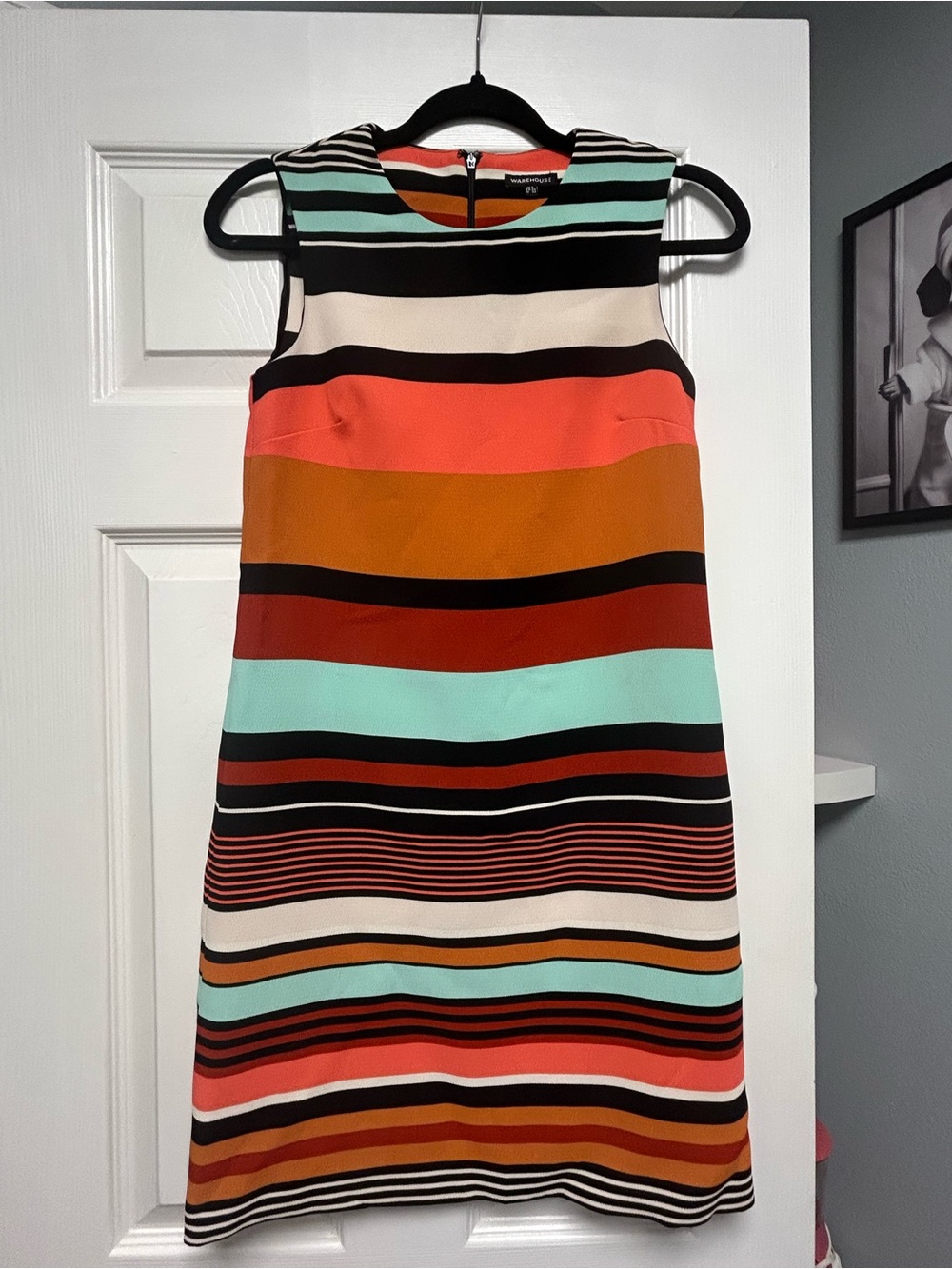 Warehouse Striped Sleeveless Shift Dress in Coral, Teal, Rust, Black, Cream